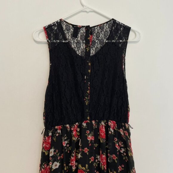 FOREVER 21 Black Red Floral / Sheer Black Lace Back Mini Fit Flare Dress NO BELT - Picture 12 of 16